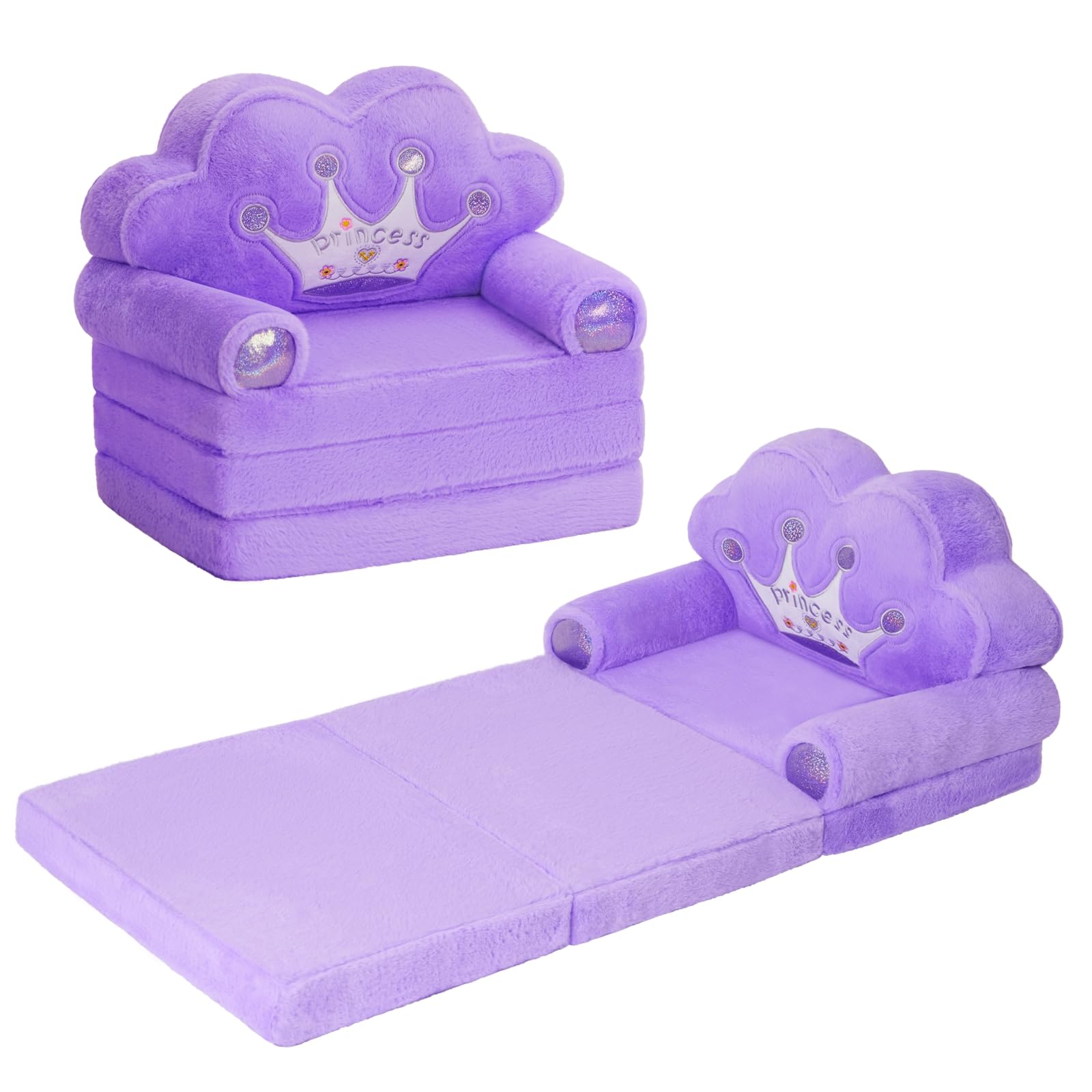 Moonbeeki Toddler Chair Comfy,Foldable Princess Kids Couch For Girl, Toddler Recliners For Kids Over 18 Months, Kids Sofa Bed Fold Out(Purple)